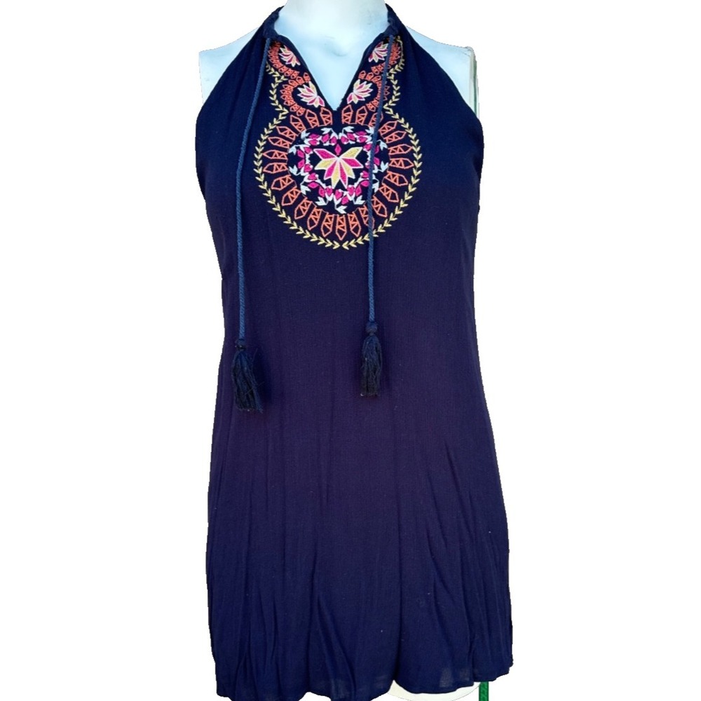 THML Anthropologie L Navy Embroidered Boho Dress Halter Sleeveless Roonie